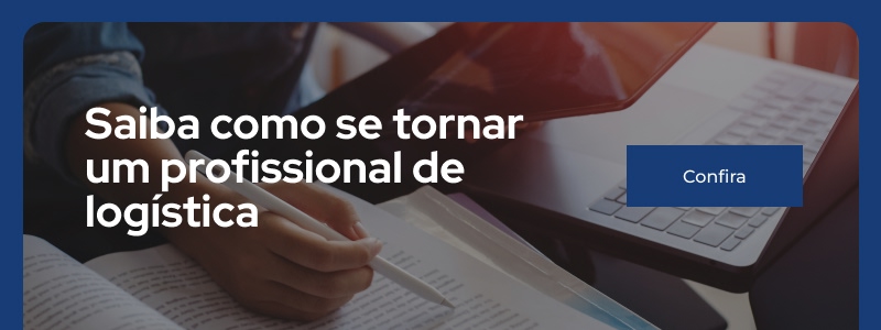 Foto de uma mesa de trabalho, com livro e notebook, com o texto "Saiba como se tornar um profissional de logística. Confira"